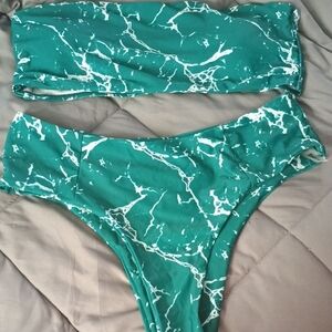 SHEIN Green and White Bikini Set Swimwear
